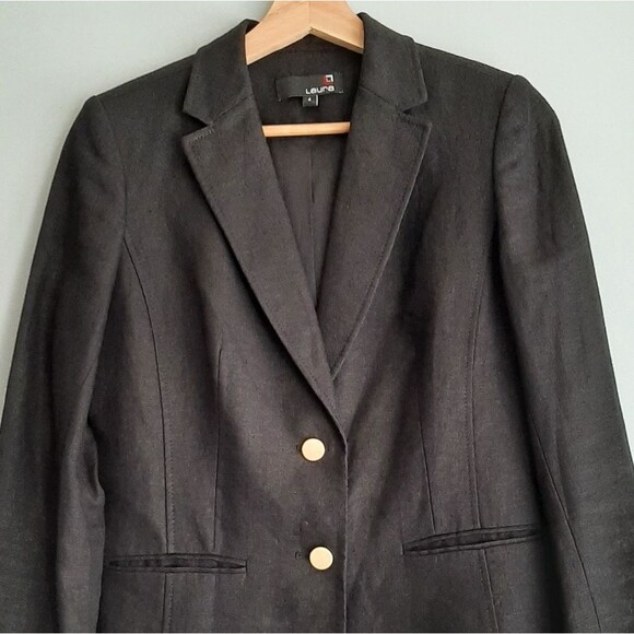 LAURA / 100% Linen Fabric Classic Blazer Jacket Button Front Neutral Black Sz 4 - Picture 2 of 15